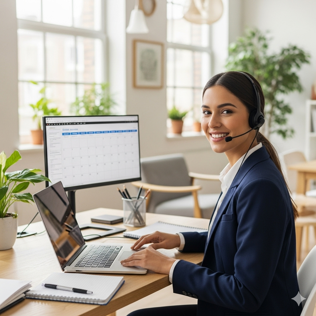 Une télésecrétaire professionnelle de Cor-tel gérant un appel pour un cabinet d'avocats.